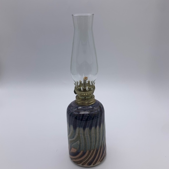 Susan Balentine Stoneware Studio Art Pottery Cylinder Oil Lamp W/ Globe Signed - Picture 4 of 10